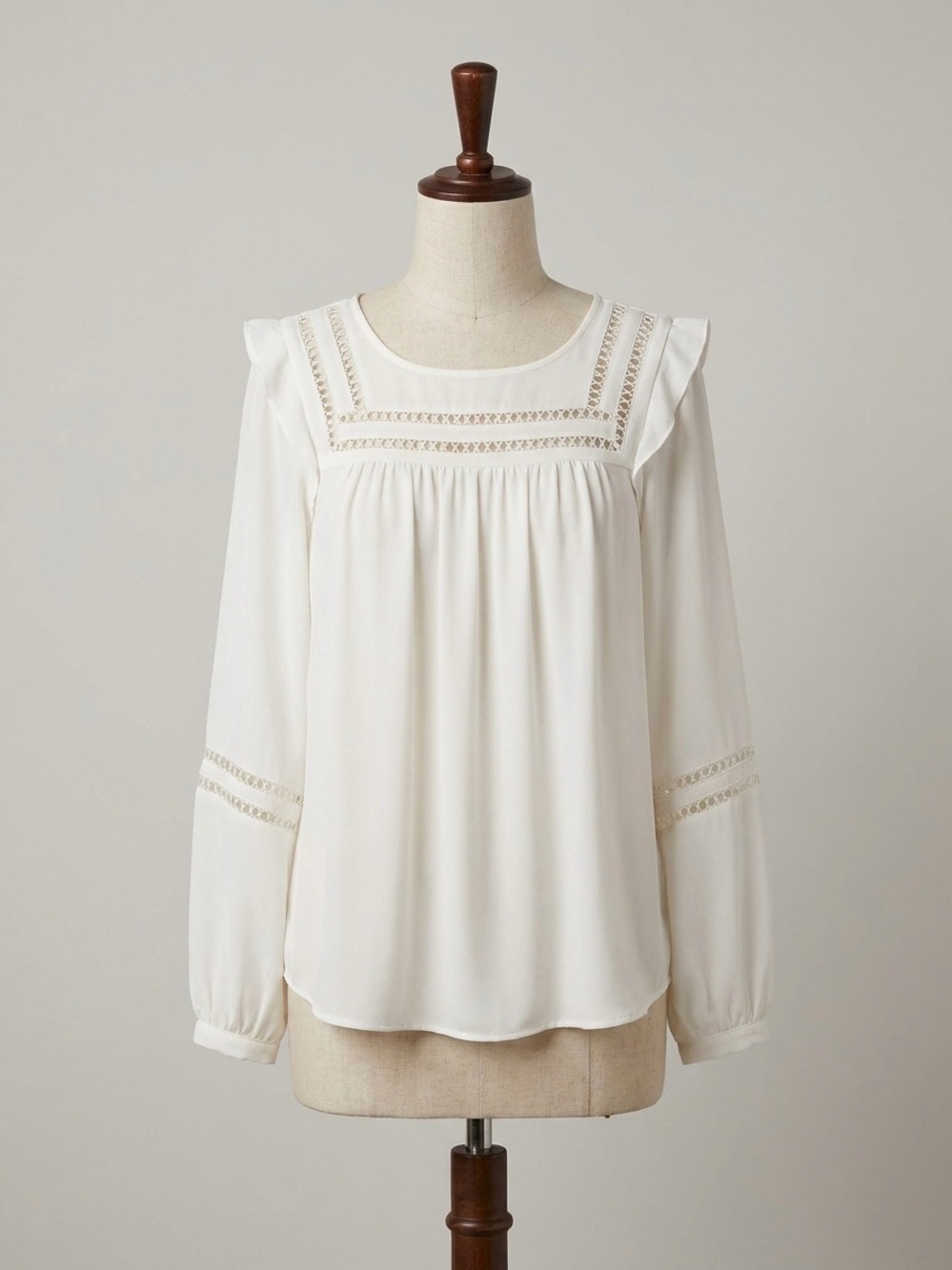 LOFT Cream Lace-Yoke Long Sleeve Peasant Blouse